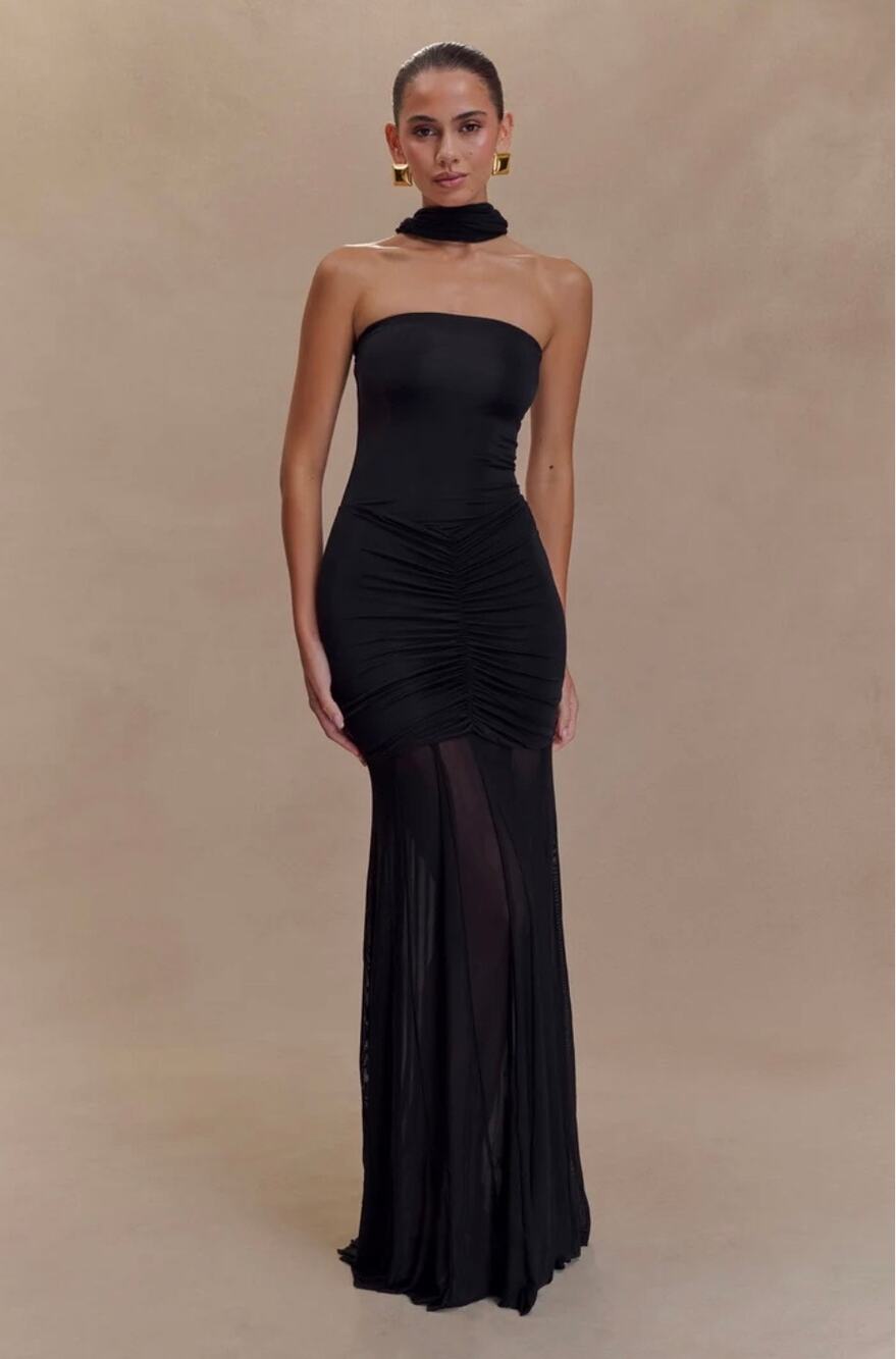 Meshki Caspian Slinky And Mesh Off Shoulder Maxi Dress - Black